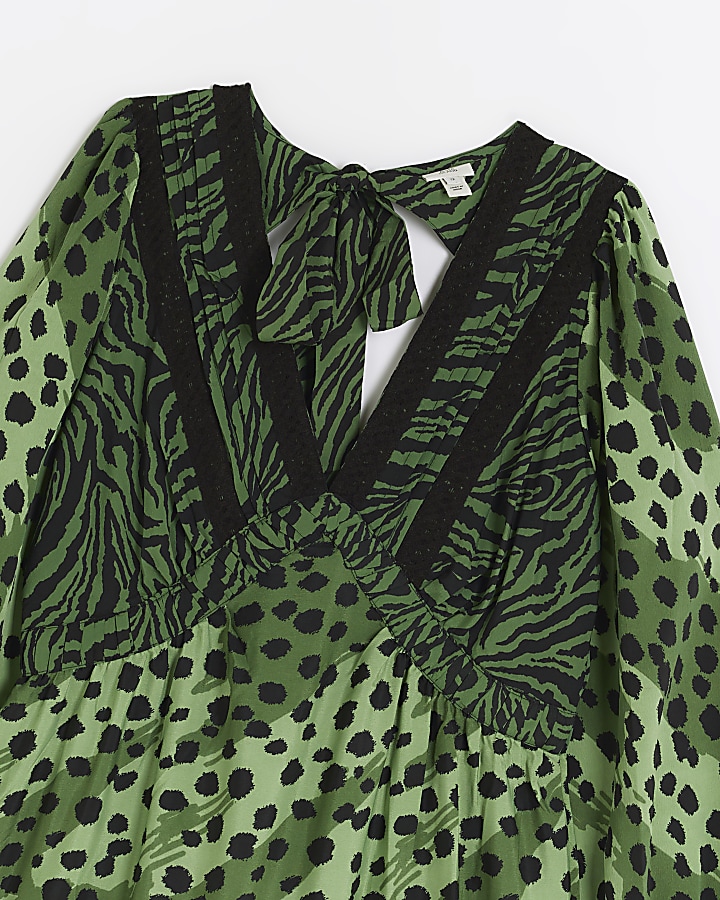 Green animal print swing midi dress