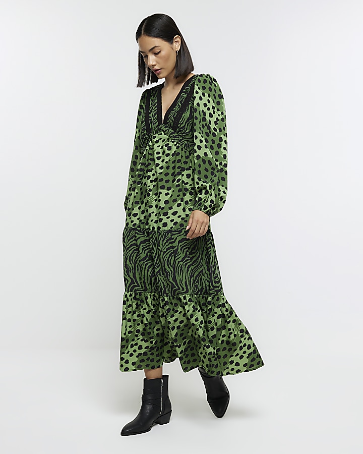 Green animal print swing midi dress