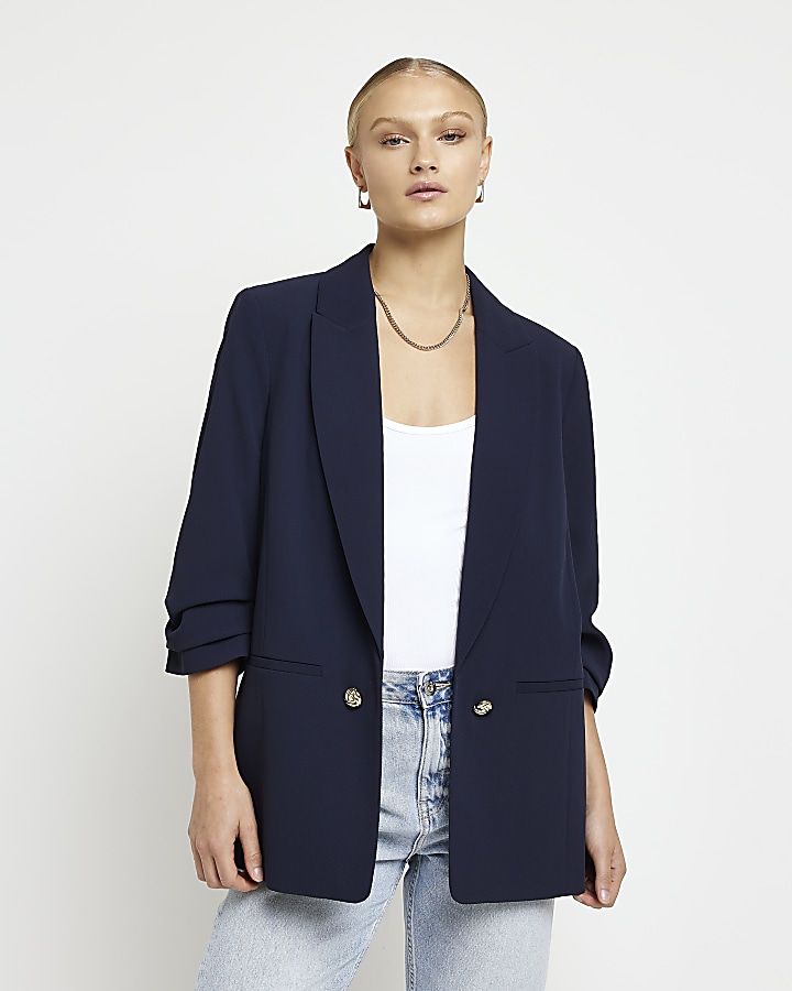 Jackets & Coats, Petite Navy Ruched Sleeve Blazer