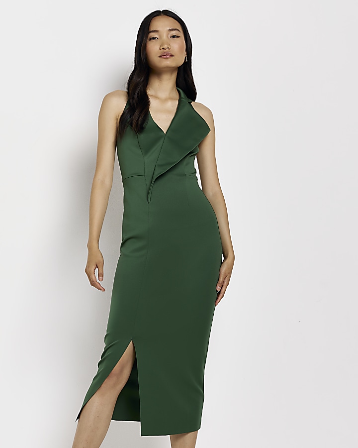 Green halter neck bodycon midi blazer dress