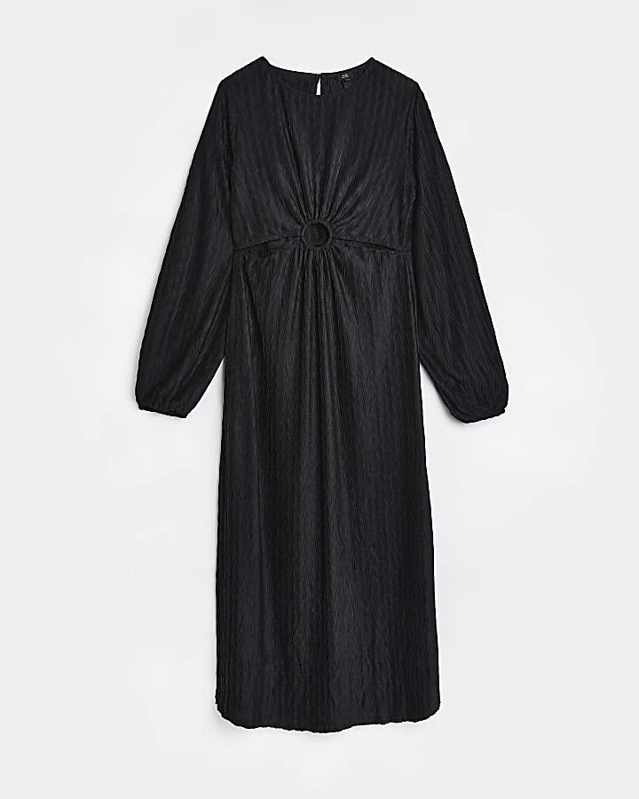 Black plisse long sleeve midi dress