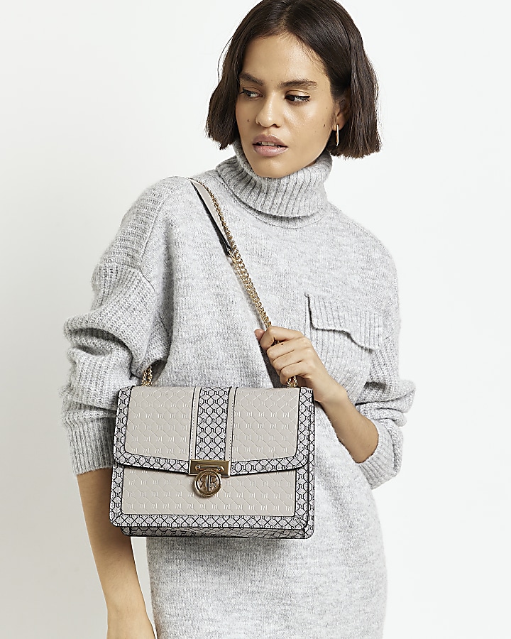 Grey RI monogram shoulder bag | River Island