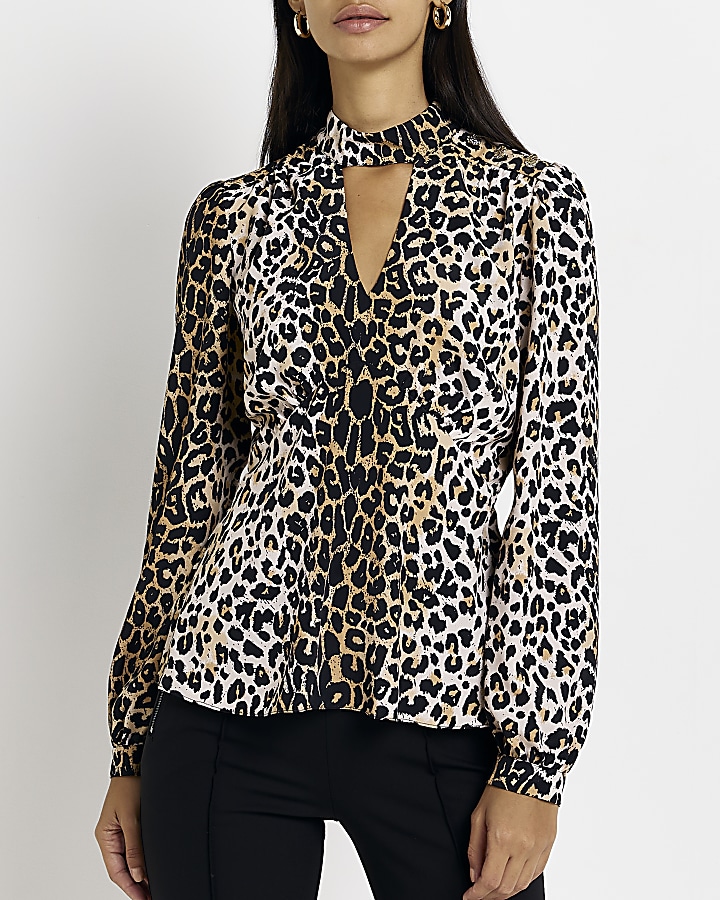 Brown animal print satin cut out blouse