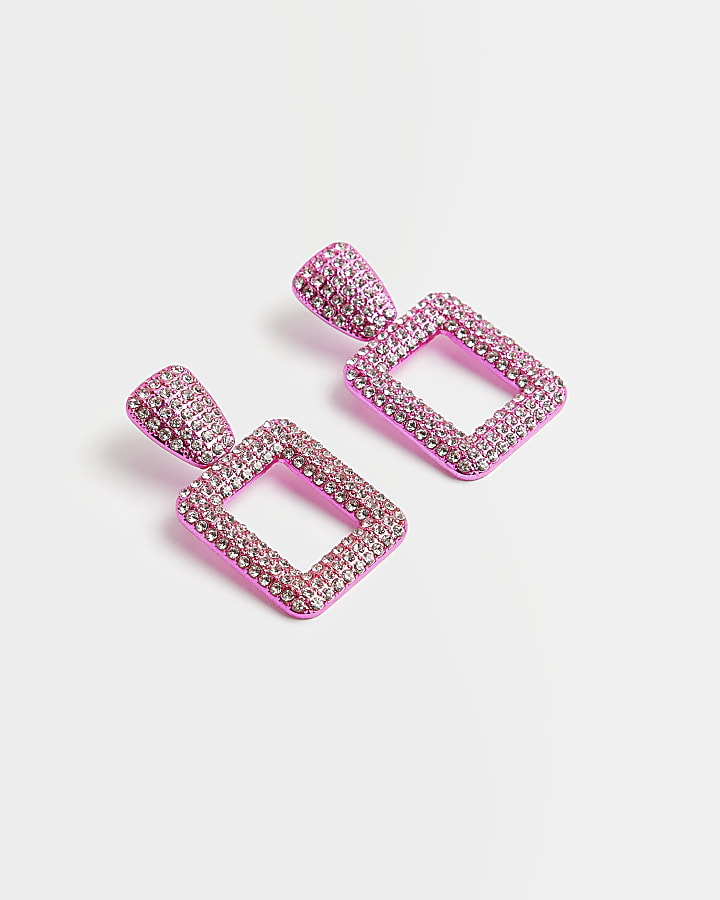 Pink square diamante drop earrings