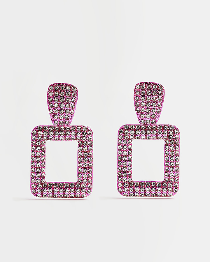 Pink square diamante drop earrings