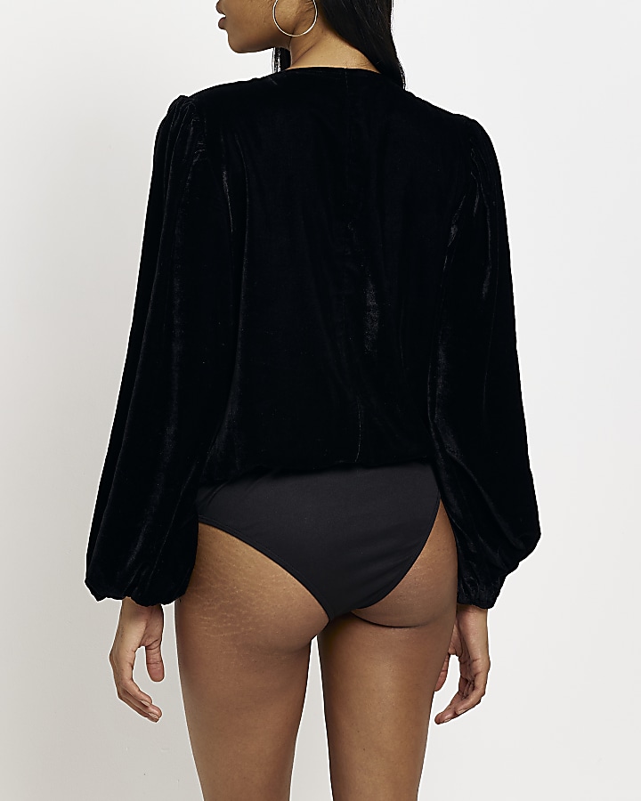 Black velvet embroidered wrap bodysuit