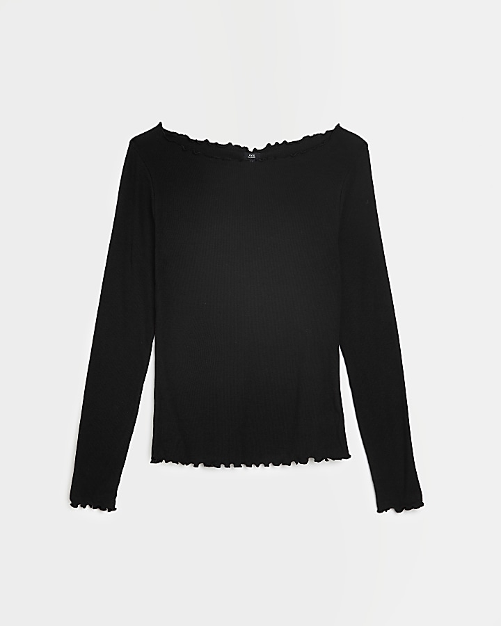 Black frill long sleeve top River Island