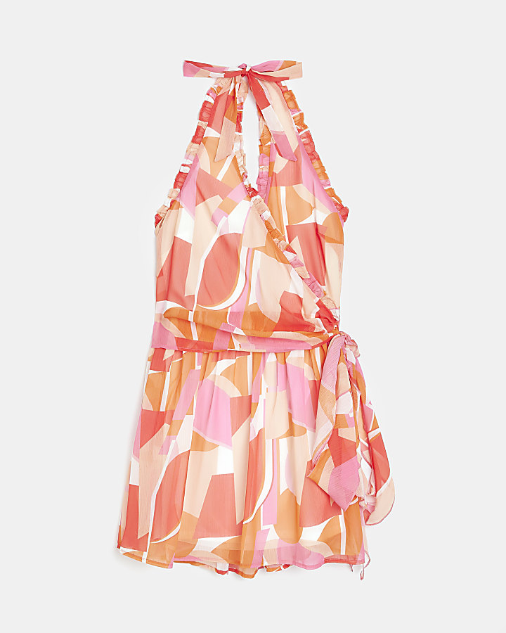 Pink printed frill mini dress