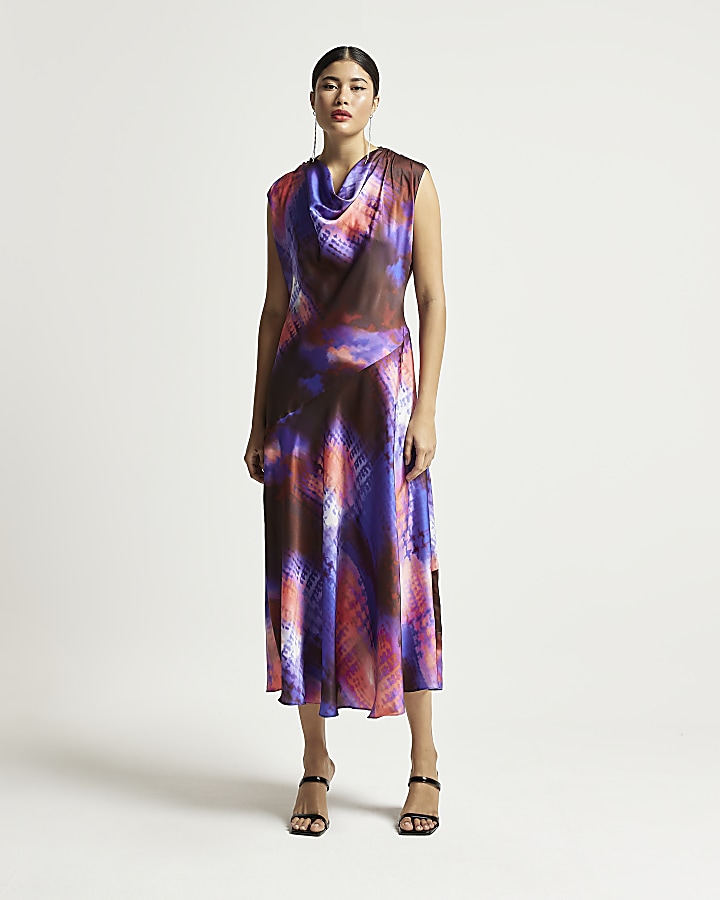 Purple RI Studio print satin slip midi dress