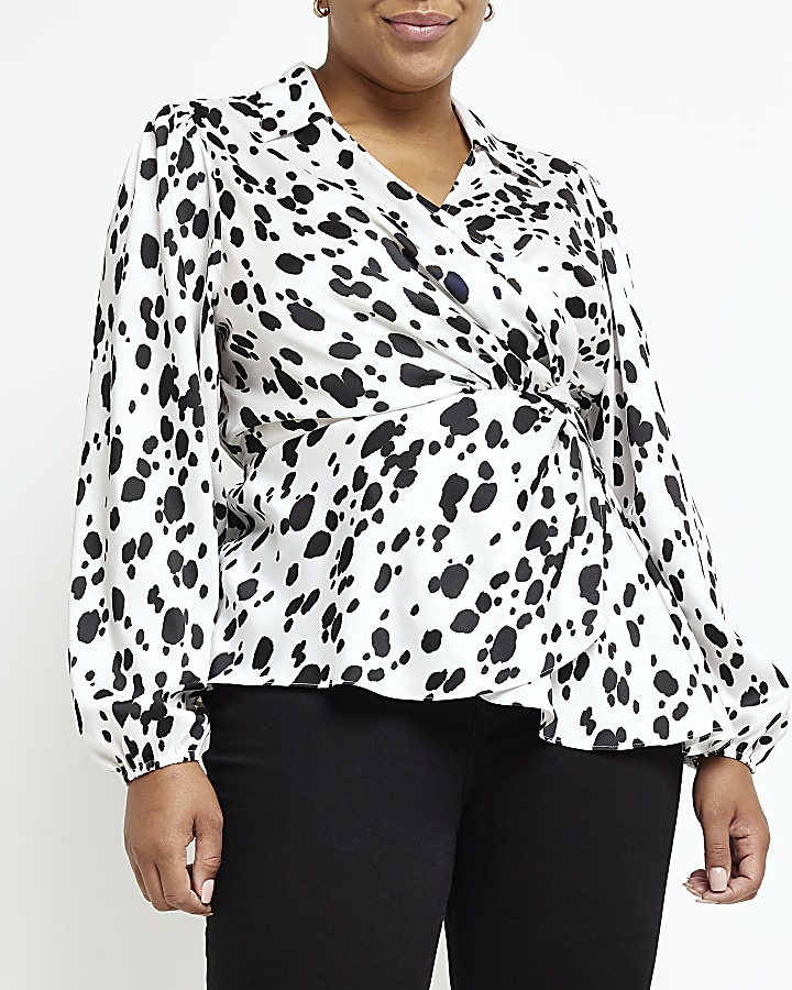 Plus white spot wrap blouse