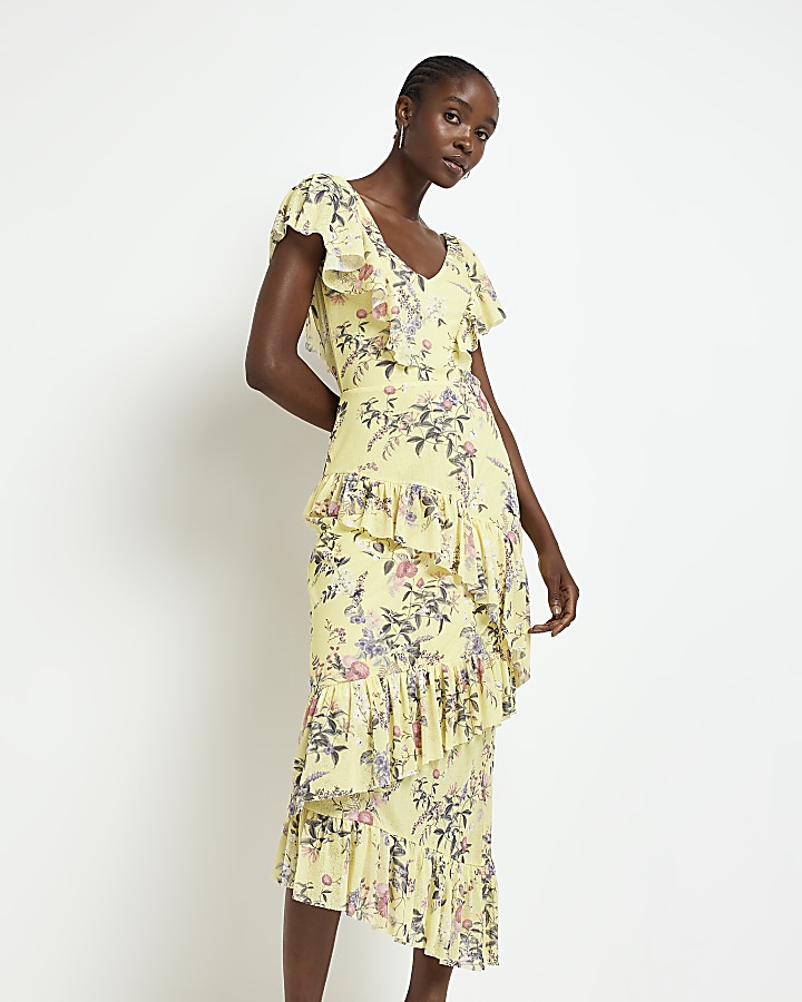 Yellow floral frill midi swing dress