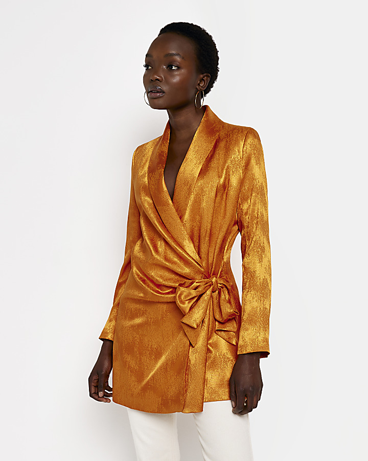 Orange Jacquard Belted Wrap Blazer