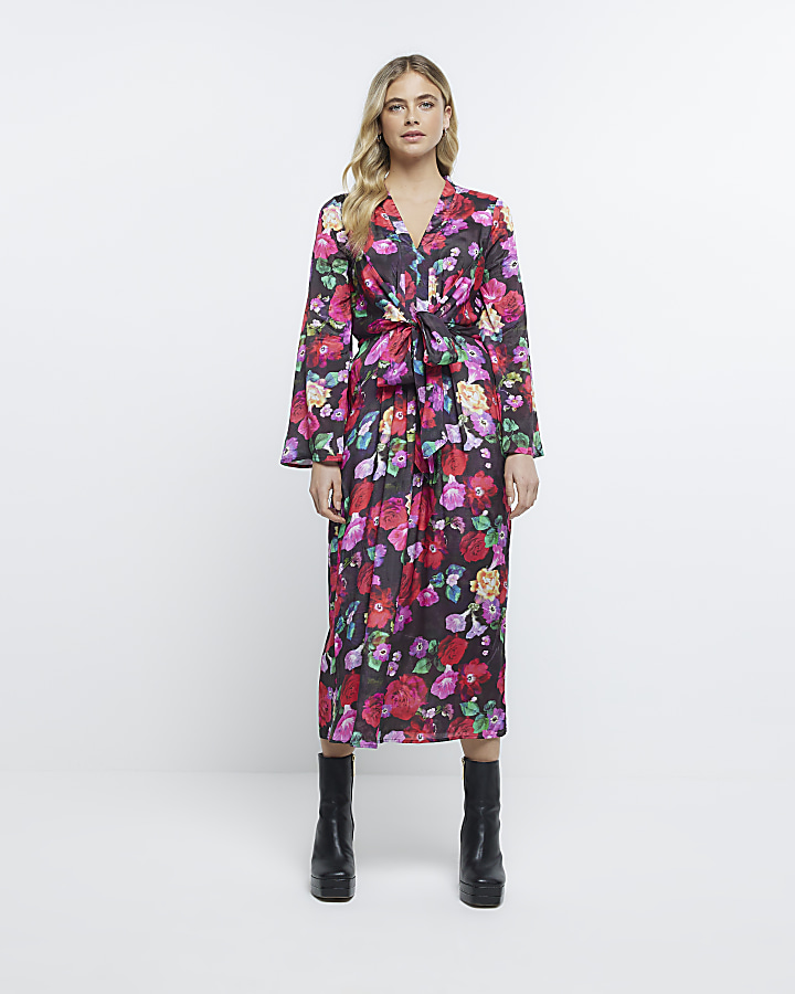 Black floral long sleeve midi dress | River Island