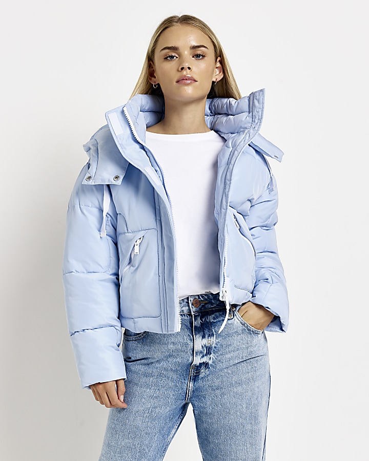 Petite blue hooded puffer jacket