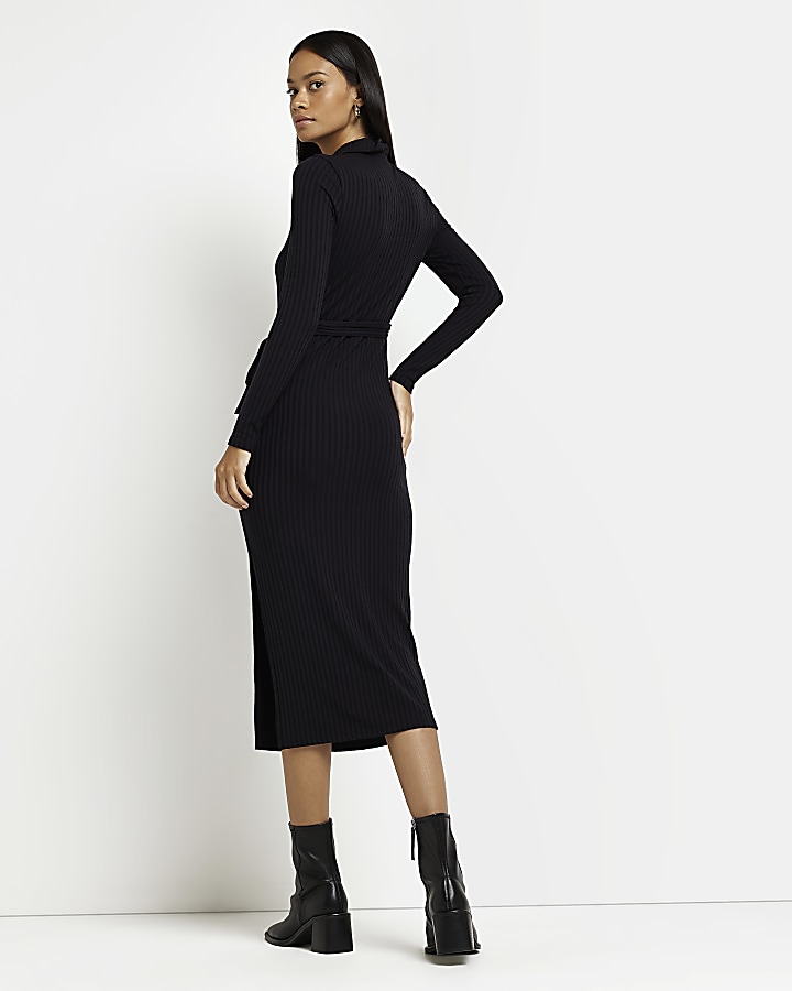 Black long sleeve bodycon midi dress | River Island