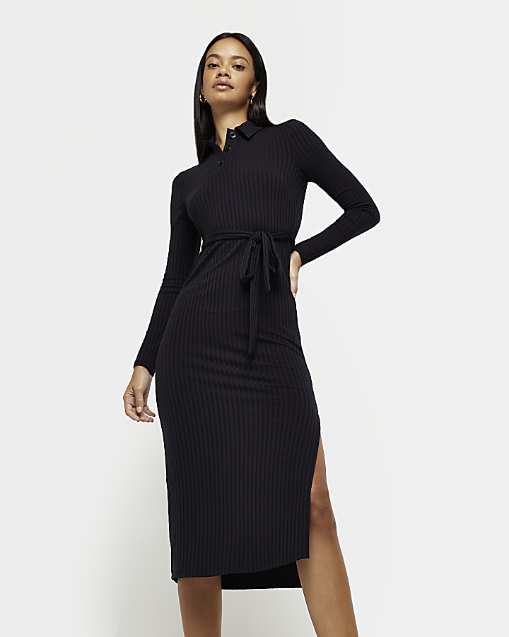 Black long sleeve bodycon midi dress