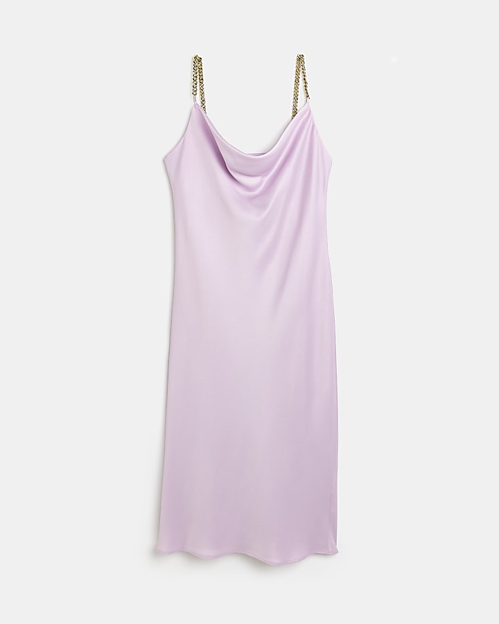 Purple satin chain strap slip midi dress