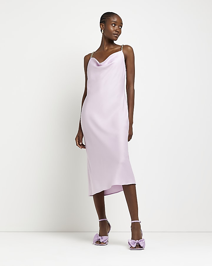 Purple satin chain strap slip midi dress