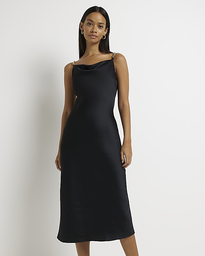 Black satin chain strap slip midi dress