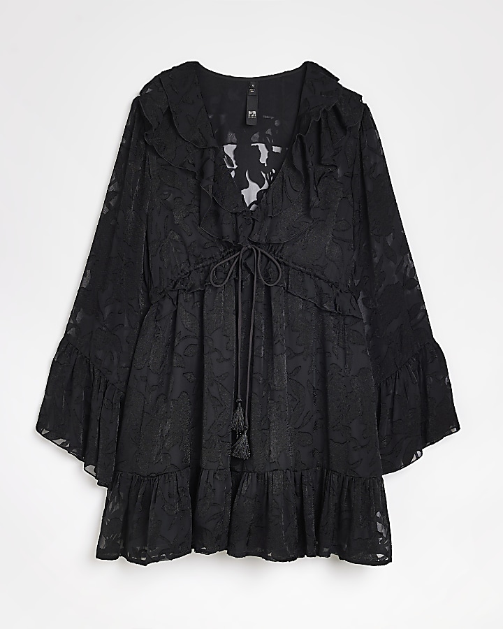 Black floral frill swing mini dress
