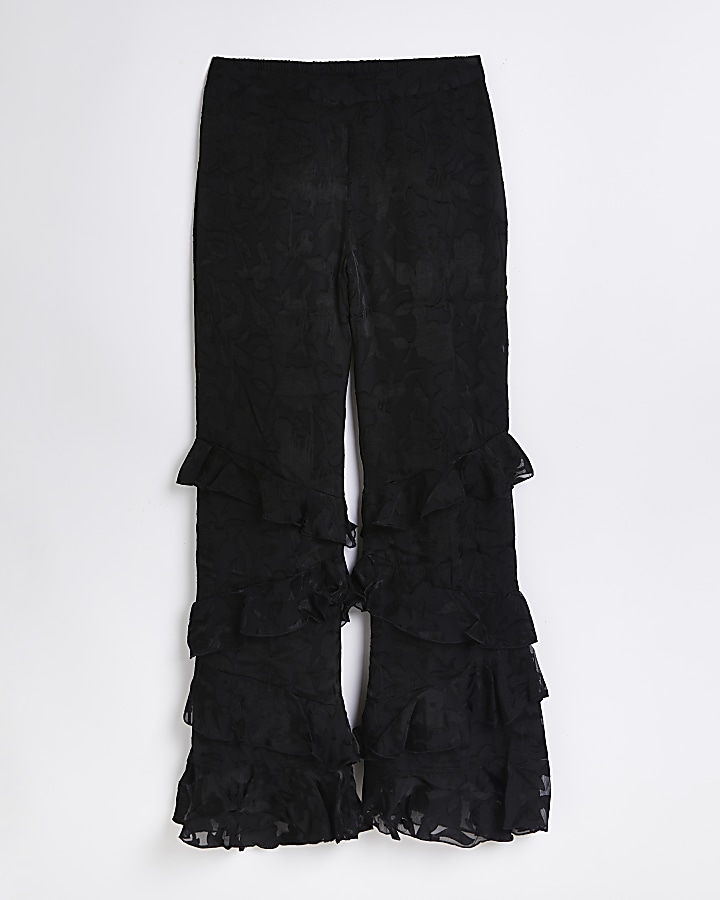 Black burnout floral flared trousers