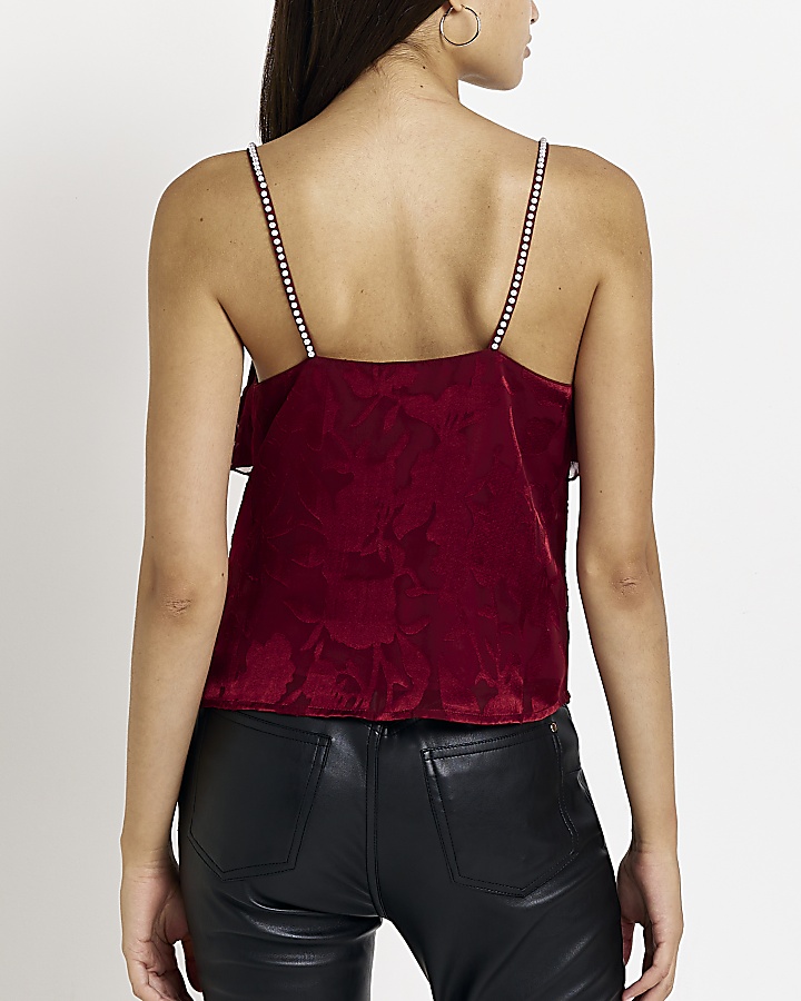 Red floral satin frill cami top