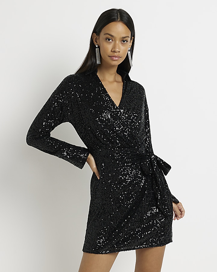 Black Sequin Detail Long Sleeve Mini Dress
