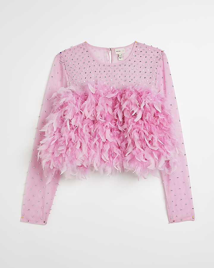 Pink feather trim long sleeve blouse