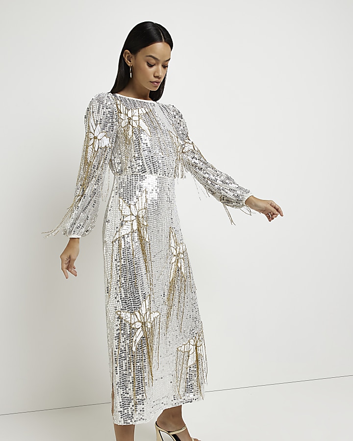 Silver floral sequin long sleeve midi dress
