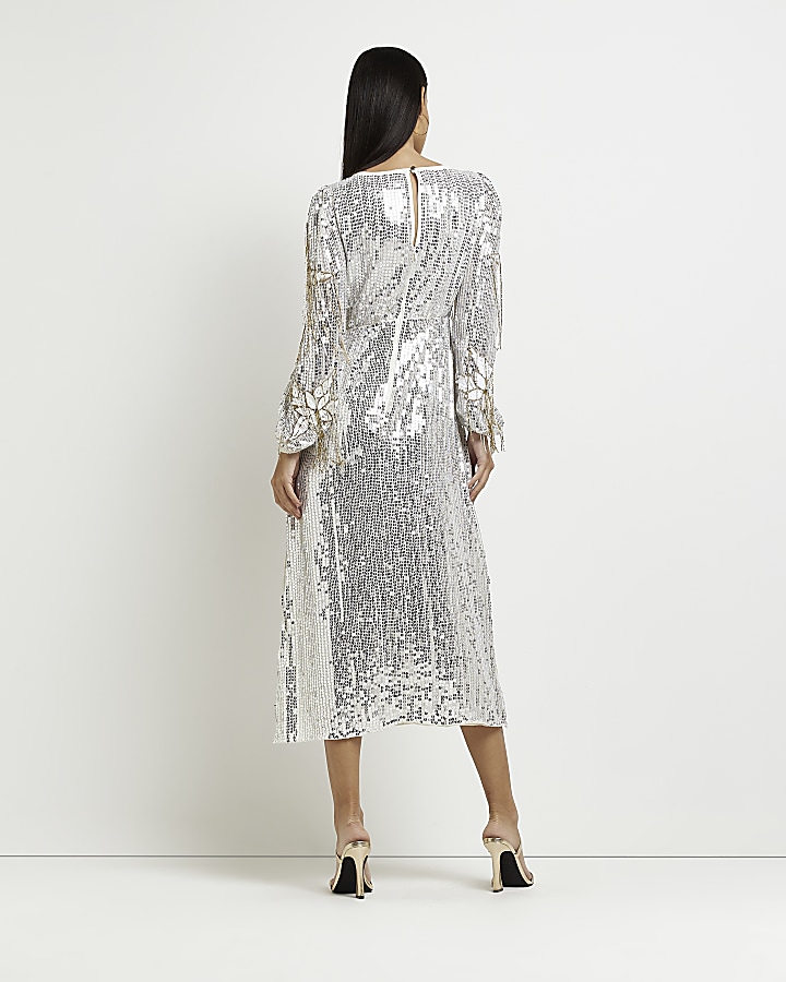 Silver floral sequin long sleeve midi dress