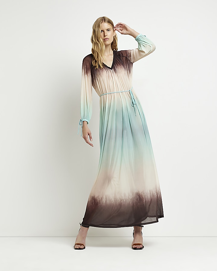 Blue long sleeve ombre maxi smock dress