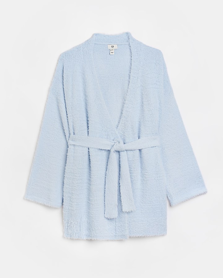 Plus blue fluffy knit belted cardigan