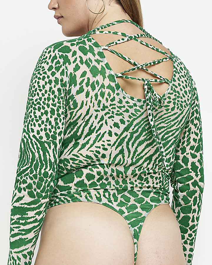 Plus green animal print lace up bodysuit