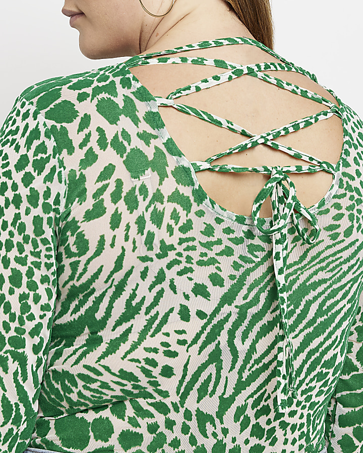 Plus green animal print lace up bodysuit