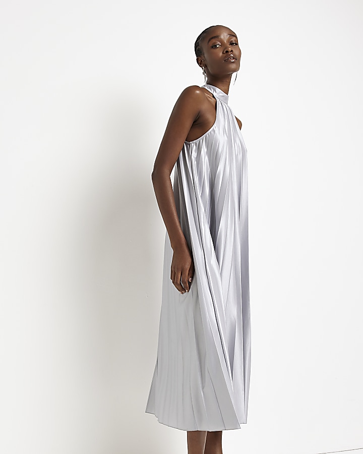 Asymmetrical Halter Midi Dress with Fringe Detailing - Silver main image 1