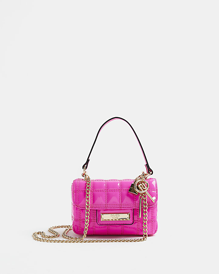 Pink patent quilted shoulder bag