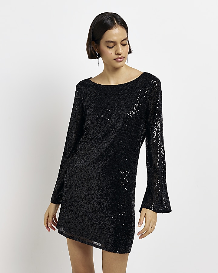 Black sequin shift mini dress | River Island