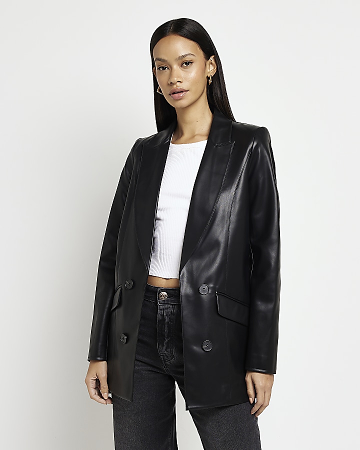 Black faux leather blazer | River Island