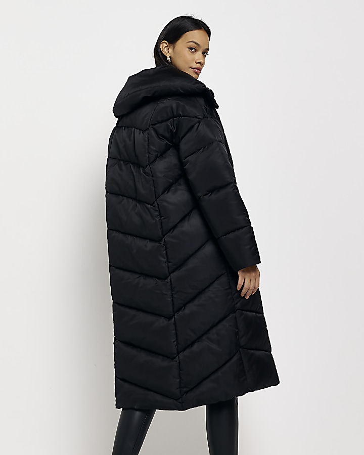 Black padded longline coat | River Island