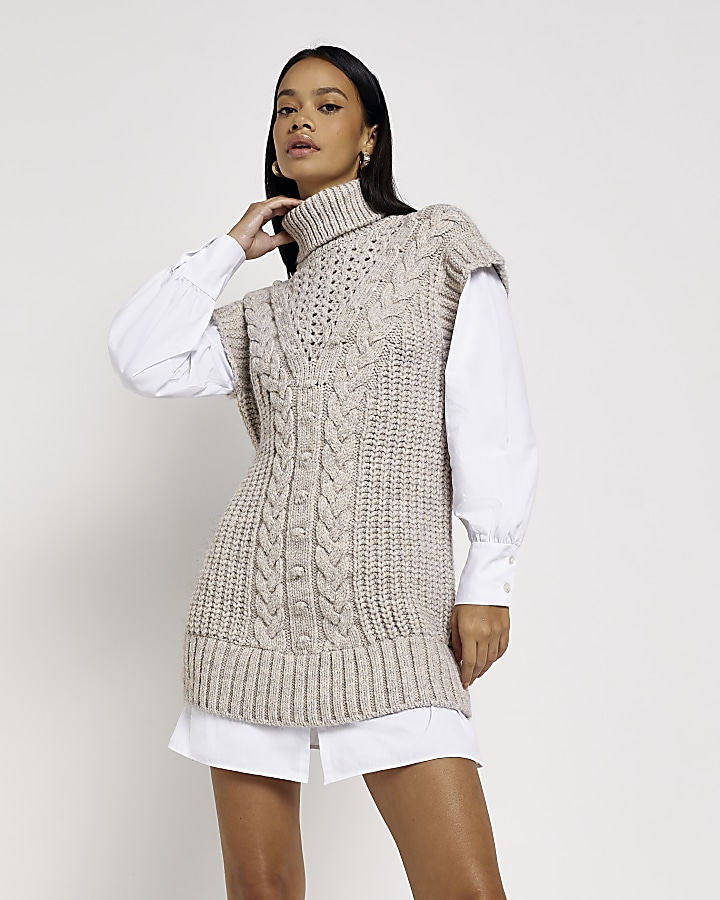 Beige cable knit mini jumper shirt dress River Island