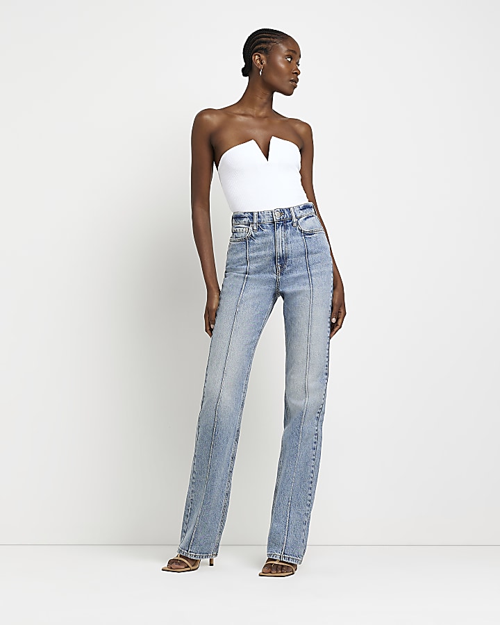 Blue high waisted straight leg jeans