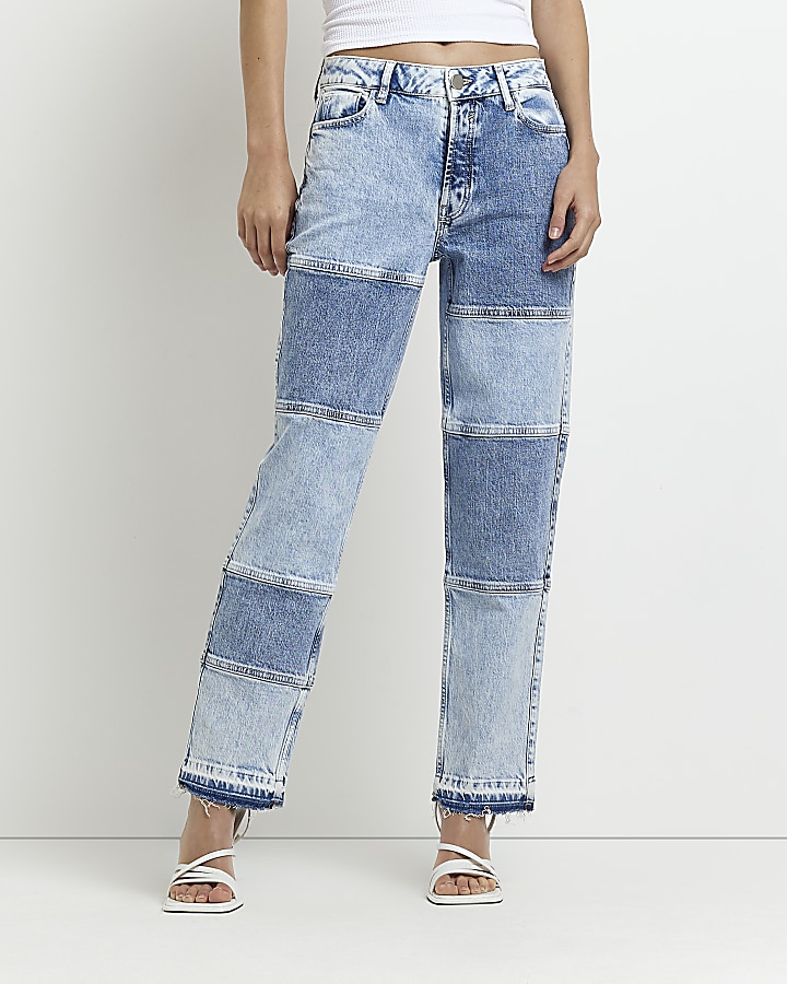 Blue mid rise patched straight leg jeans | River Island