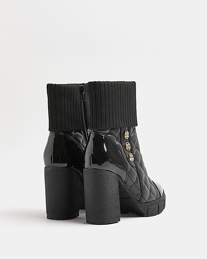 Black wide fit quilted heeled ankle boots