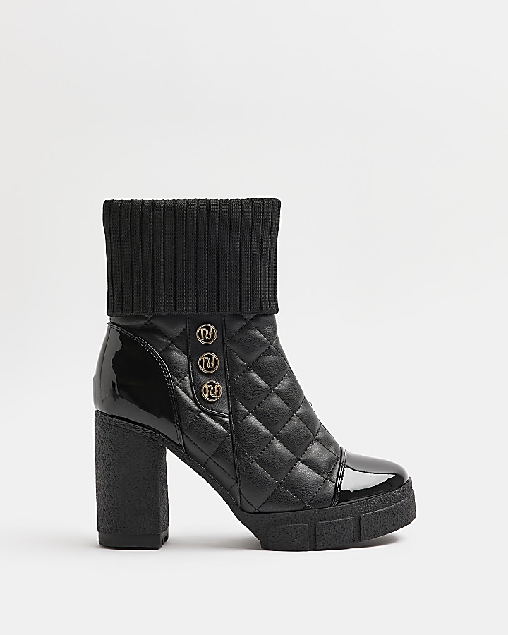 Black wide fit quilted heeled ankle boots