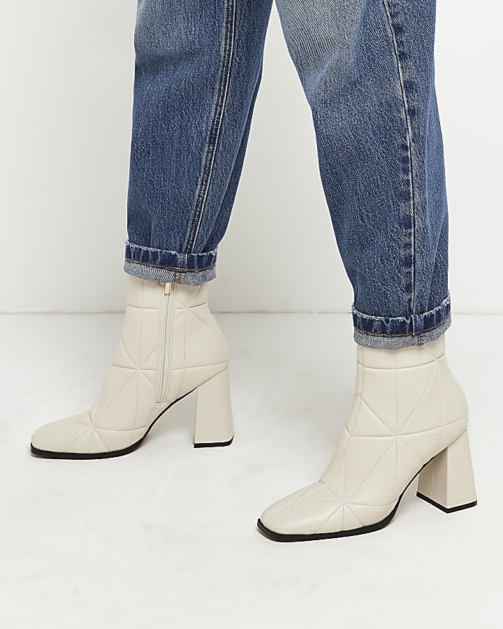 Cream wide fit quilted heeled ankle boots River Island