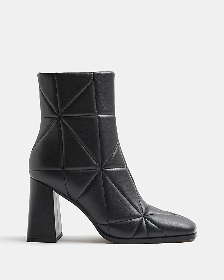 Black wide fit quilted heeled ankle boots