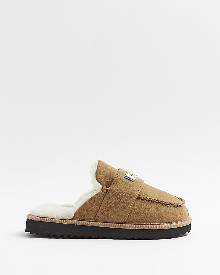 Brown borg lined mule slippers River Island