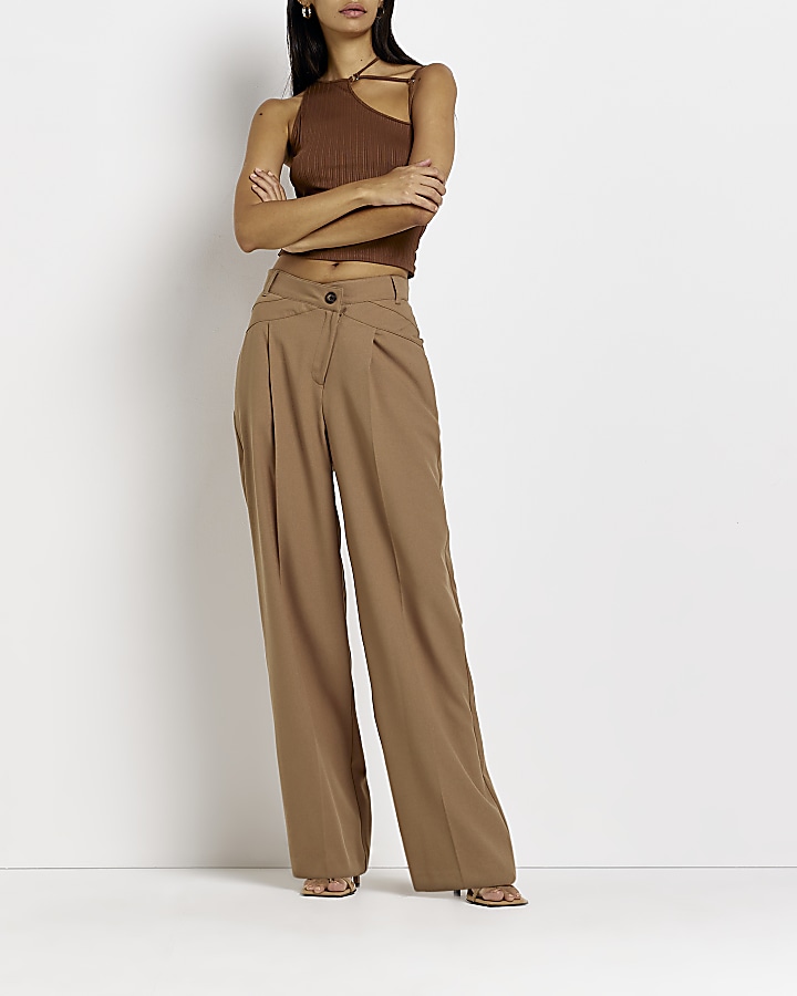 Beige crossed waistband straight trousers | River Island