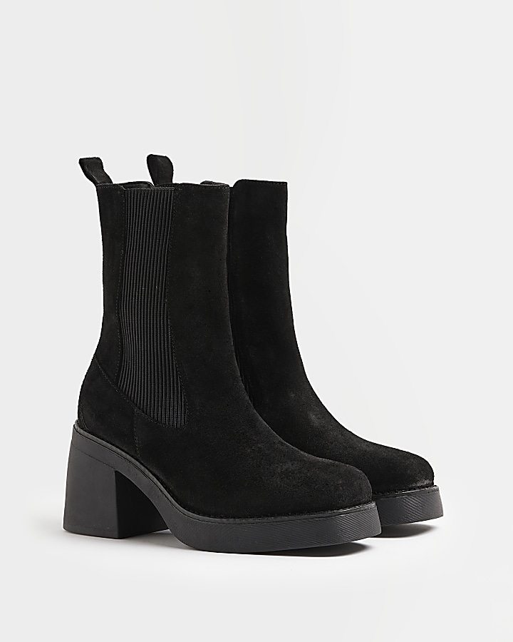 Black suede heeled chelsea boots