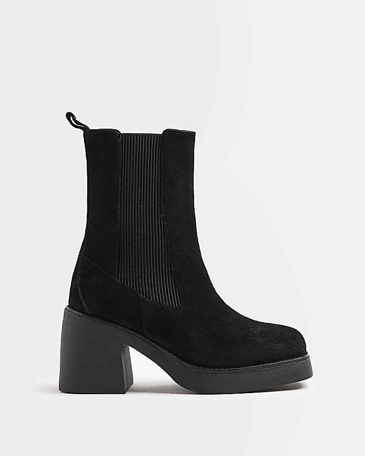 Black suede heeled chelsea boots